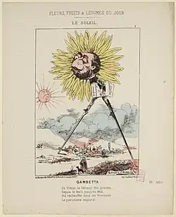Caricature montrant un homme sur échasses, tenant des dossiers sous son bras gauche, le visage cerclé d'un immense tournesol.