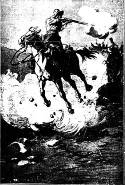 image en noir et blanc d'un personnage sur un cheval galopant qui tire au fusil
