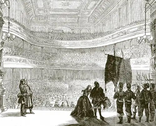 Gravure, scène de théâtre.