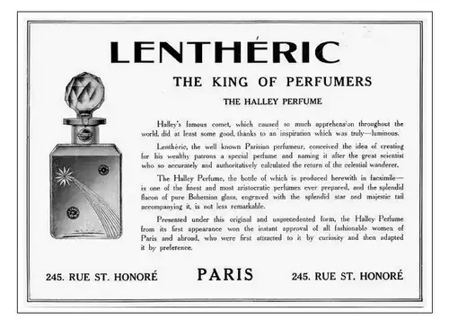 Le parfum de la comète de Halley : un produit destiné au marché américain vendu sous flacon en cristal taillé (1911).