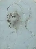 Dessin de la tête et des épaules d'une jeune femme, presque de profil à gauche.