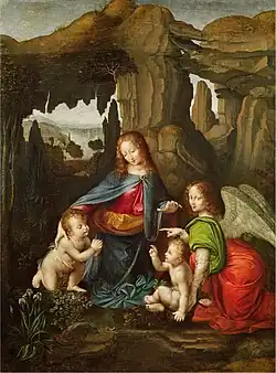 Tableau en couleur. Dans un cadre de rochers, une femme est entourée de deux bébés nus. L'un est agenouillé l'autre est assis. Un personnage habillé et ailé regarde l'observateur et désigne le bébé de gauche du doigt.
