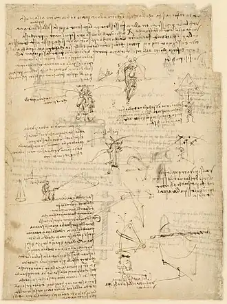 Page manuscrite comportant des dessins à la plume et de l'écriture spéculaire.