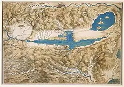 Carte dessinée en couleurs et comportant notamment deux pièces d'eau et divers cours d'eau.