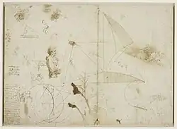 Feuille manuscrite sur laquelle se côtoient des dessins de figures géométriques et de personnes.