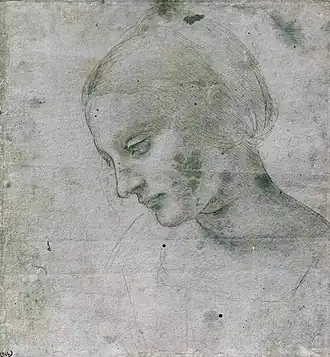 Dessin. Visage de trois quarts d'une femme regardant vers le bas.