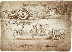 Dessin sur une feuille manuscrite représentant un char tiré par des chevaux et armé de lames.