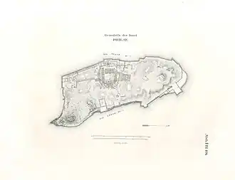 Carte du milieu du XIXe siècle de l'ancienne île de Philæ et de ses temples.