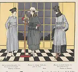 Robe en tricotine bleu nattier&nbsp;; broderie ton sur ton et argent (Martial et Armand). Manteau en lainage double-face, garni de castor (Beer). Manteau en peluche turquoise, broderie même ton et or (Martial et Armand).