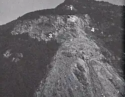 La Roche Pourrie : 1 - éboulement de 1937 2 - éboulement de 1977 3 et 4 écailles jugées dangereuses par le BRGM