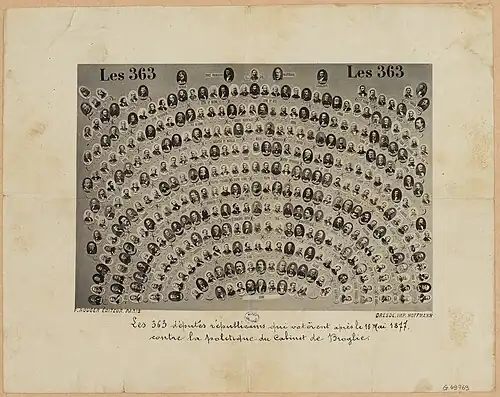 Feuille imprimée reproduisant les portraits en médaillons de 363 hommes, disposés en éventail.