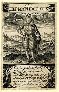 Gravure d'une personne en costume masculin mais avec une coiffure féminine, avec une banderole « A tous accords » au-dessus, debout dans un paysage ; titre « Les Hermaphrodites » au-dessus et six vers dans un cartouche au-dessous.