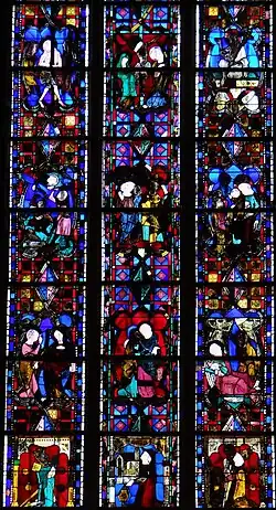 Verrière de la vie du Christ datant du XIVe&nbsp;siècle, avec les donateurs.