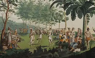 Papier peint panoramique. Scène de danse où les sauvages sont vêtus d'une manière qui évoque l'antiquité gréco-romaine.
