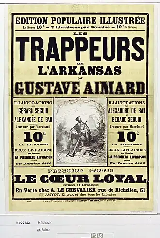 affiche publicitaire des Trappeurs de l'Arkansas avec un dessin en noir et blanc au centre représentant un homme assis avec un fusil dans les mains.