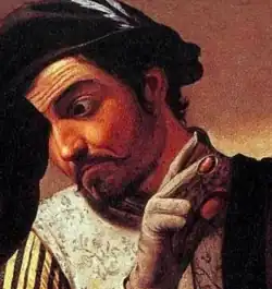 Détail de la peinture centré sur le visage du complice et de son gant aux bouts des doigts troués.