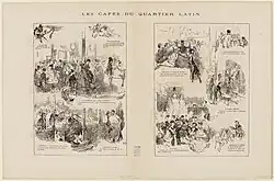 Planche montrant deux dessins de presse décrivant l'ambiance des cafés parisiens.