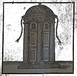 Dessin schématique en noir et blanc d'un édifice cylindrique recouvert d'un dôme.