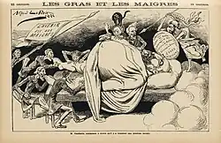 Un gros homme barbu, allongé dans son lit, est dévoré par plusieurs personnes efflanquées et de petite taille.