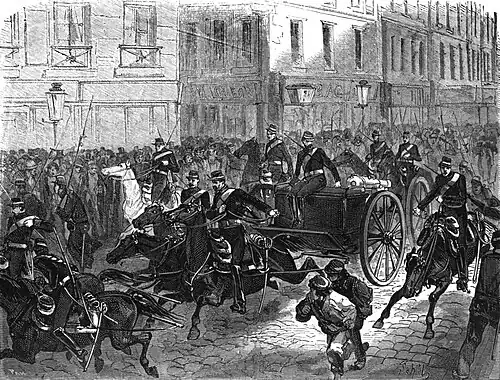 Dessin montrant des soldats à cheval tirant des canons devant une foule nombreuse.