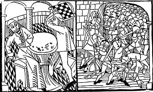 Gravure en deux parties et en noir et blanc