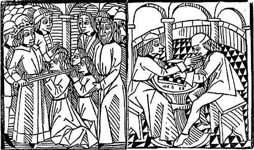 Gravure en noir et blanc et en deux parties