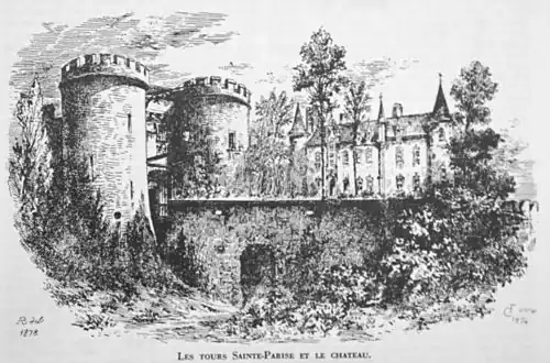 Dessin en noir et blanc représentant deux tours médiévales encadrant une porte avec un château plus moderne en arrière-plan.