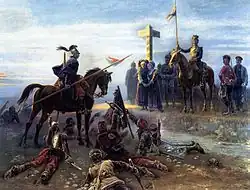 Tableau couleur représentant deux groupes, les Français à gauche, la plupart morts, et les Allemands à droite, capturant une Alsacienne et une Lorraine serrées sous le poteau-frontière.