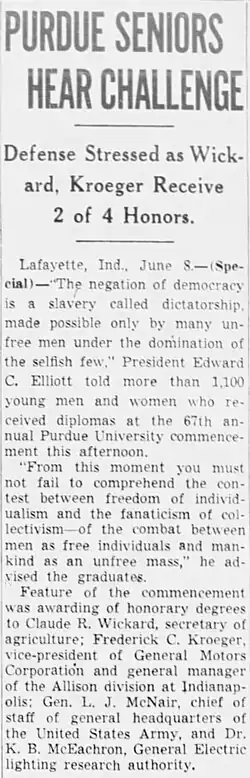 Article sur la remise du diplôme honorifique à l'université Pardue en 1941.
