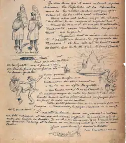 Vignettes, dont au centre une motte de beurre, illustrant un texte manuscrit.