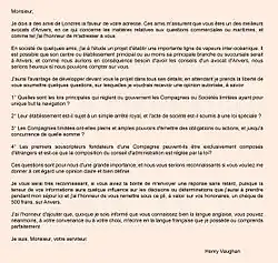 Lettre adressée, en anglais, par Henry Vaughan à Guillaume Bernays à l'automne 1881 pour l'attirer à Bruxelles.