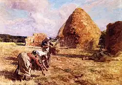 Tableau montrant des paysannes ramassant du blé, de grandes meules figurant à l'arrière-plan.