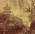 Détail d'un temple sur une montagne, peinture de paysage de Li Cheng (919-967).