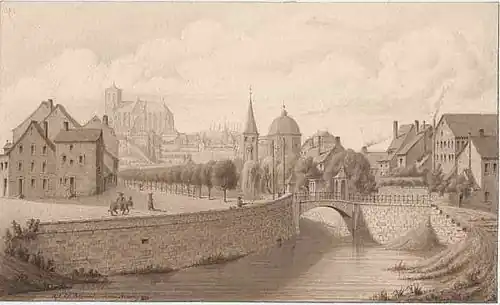 Le pont d'Avroy en 1826. En arrière-plan, la collégiale Saint-Jean et la basilique Saint-Martin. Dessin de Charles Remont, d'après Renardy, conservé aux Collections artistiques de l'université de Liège