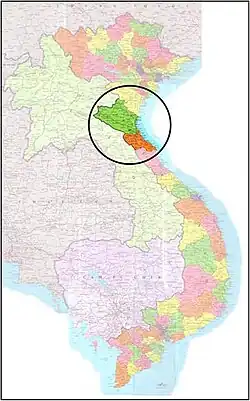 Une carte de la péninsule indochinoise sur laquelle le Viêt Nam est mis en relief. Deux régions du Nord sont entourées d'un cercle.