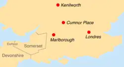 lCroquis sommaire indiquant Kenilworth, puis Cumnor Place plus au sud, puis Londres au sud-est, puis Marlborough plus à l'ouest et enfin, au sud-ouest, le Somerset et le Devonshire, ainsi que l'Exmoor à cheval entre les deux.