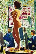 Peinture montrant une femme nue, debout de profil sur un guéridon ; derrière, silhouettes de peintres à leurs chevalets