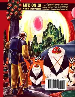 Dessin de science-fiction. Un homme en combinaison observe des créatures anthropomorphes rouges avec une sorte de grand manteau.