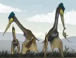 Restitution paléoartistique d'un groupe de Quetzalcoatlus northopi se nourrissant à terre.