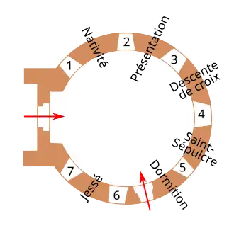 Plan d'un édifice portant des numéros permettant de situer l'emplacement de détails architecturaux.