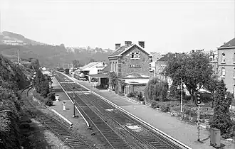 Vue de la gare d'Aywaille en direction de Liège le 03.08.1977.