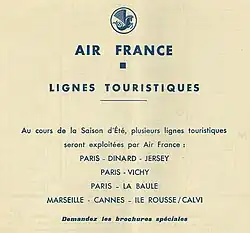 Feuillet publicitaire annonçant une liaison aérienne à partir de Paris vers La Baule.