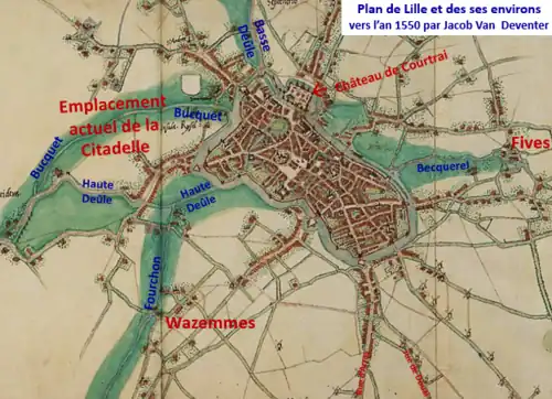 Lille vers 1550 sur plan Deventer