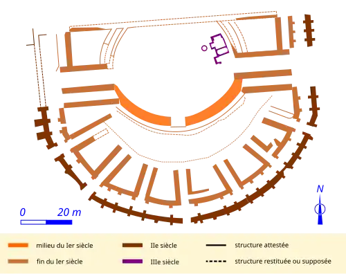 Plan schématique d'un théâtre antique indiquant, par un jeu de couleurs, les étapes de sa construction.