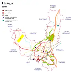 carte de Limoges avec indication de la localisation des ses principales infrastructures de santé