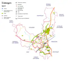 carte de Limoges avec indication de la localisation des ses principales infrastructures sportives