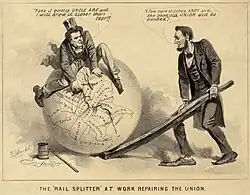 Dessin au fusain montrant Johnson à califourchon sur un globe terrestre en train de recoudre la carte des États-Unis. Lincoln utilise un tronc de bois pour faire levier sous le globe et l'empêcher de bouger.