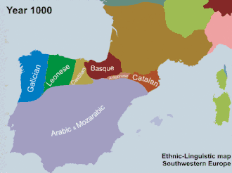 Carte chronologique montrant le développement et l'évolution des langues parlées dans la péninsule ibérique de l'an 1000 à nos jours. L'espagnol, originaire de Cantabrie, et le portugais, originaire de Galice, descendent vers le sud.