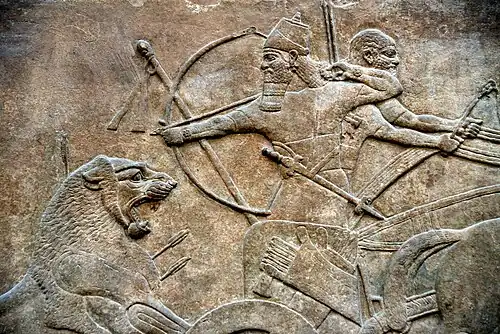Scène de chasse royale, bas-relief du Palais Nord-Ouest de Nimroud. British Museum.