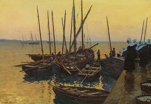 Bateaux de pêche le long de la jetée, huile sur toile, 65 × 91 cm, Collection privée